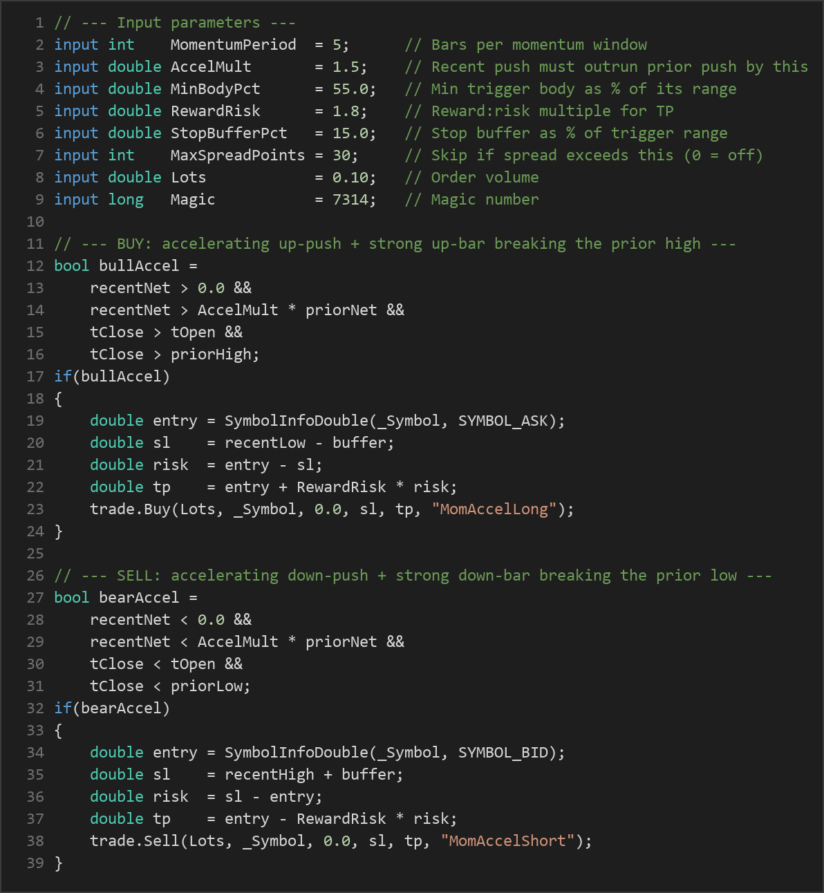 momentum acceleration breakout MT5 EA — MQL5 source code