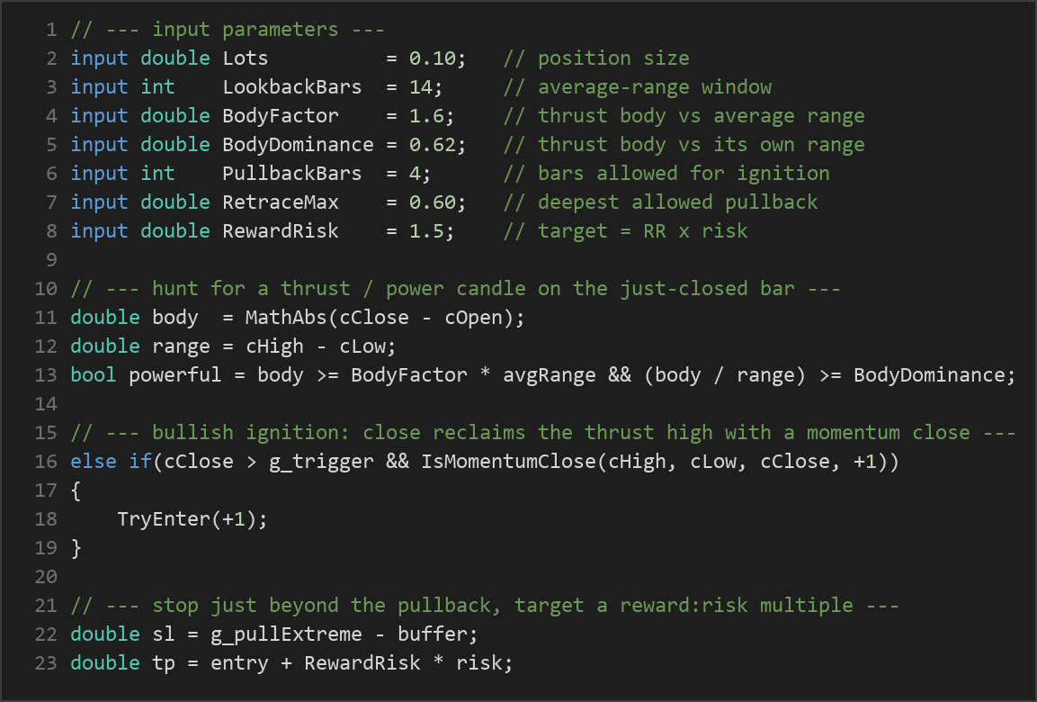 thrust retrace ignition MT5 EA — MQL5 source code