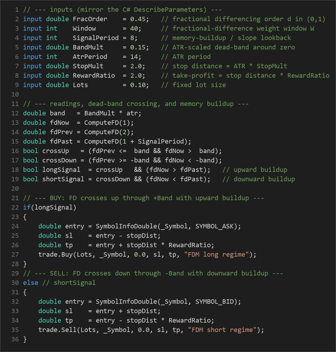 fractional differencing momentum MT5 EA — MQL5 source code