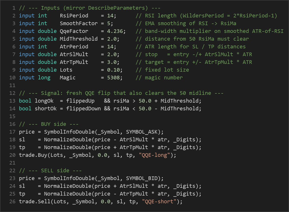 QQE trailing band cross strategy — MQL5 source code
