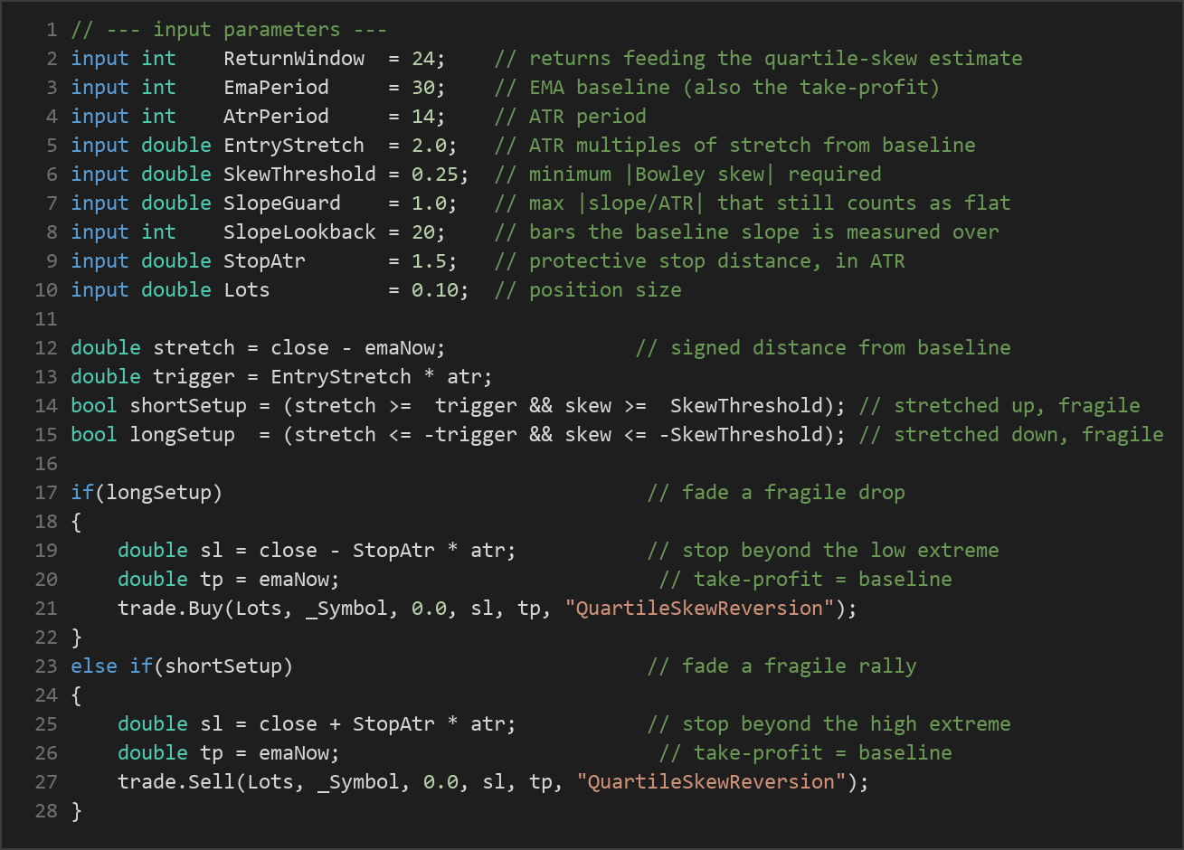 quartile skew reversion MT5 EA — MQL5 source code