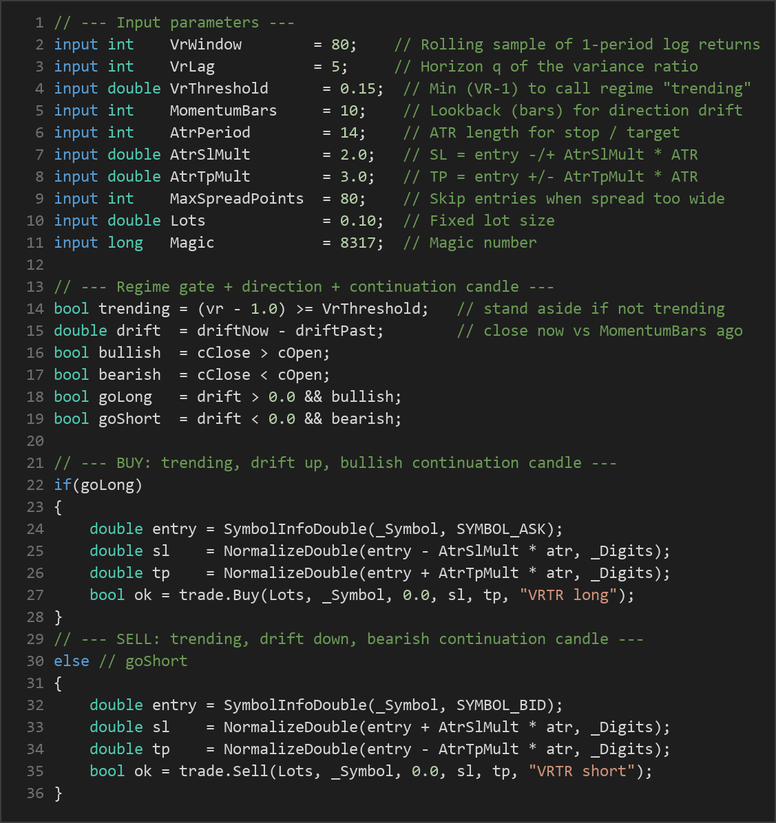 variance ratio trend regime EA — MQL5 source code